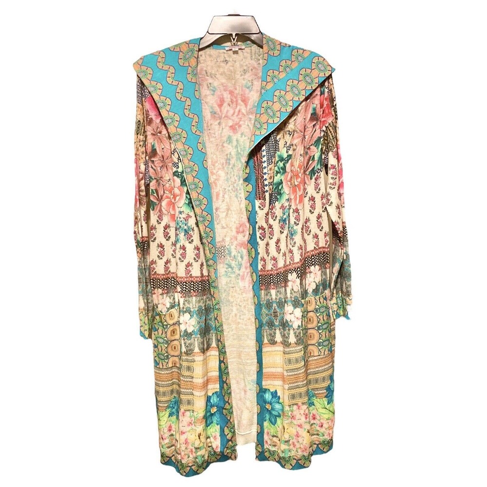 Johnny Was Multicolor Floral Patchwork Hooded Cardigan - Turquoise, Pink, Yellow - Picture 2 of 14